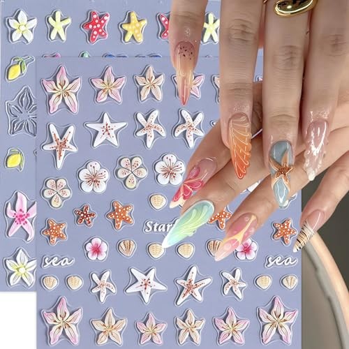 5D Embossed Ocean Life Nail Art Stickers Decals Self Adhesive Seashell starfish