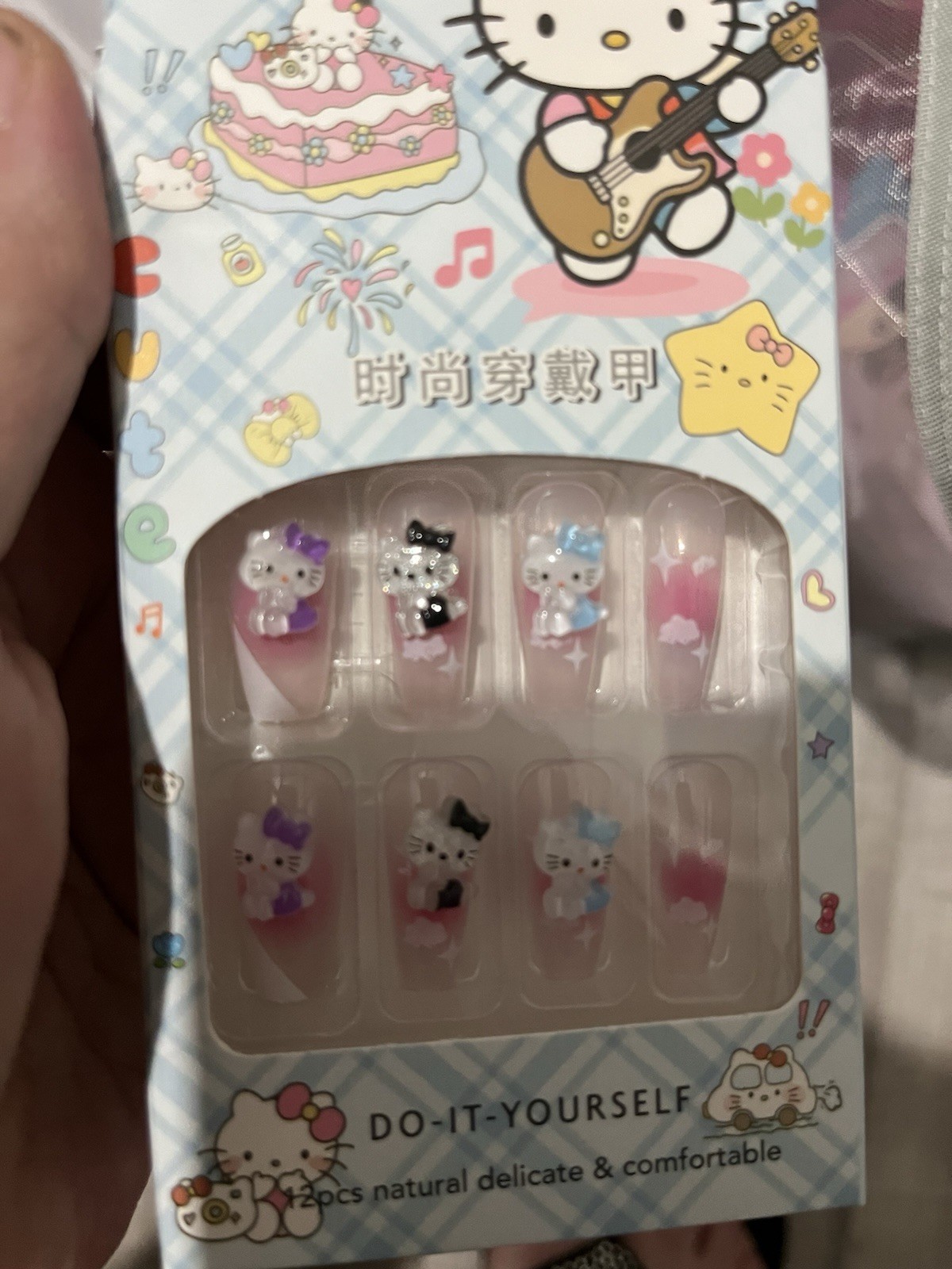 3D Cartoon Press-On Nails Pre-Designed Long Coffin Pink/White/Purple/Blue