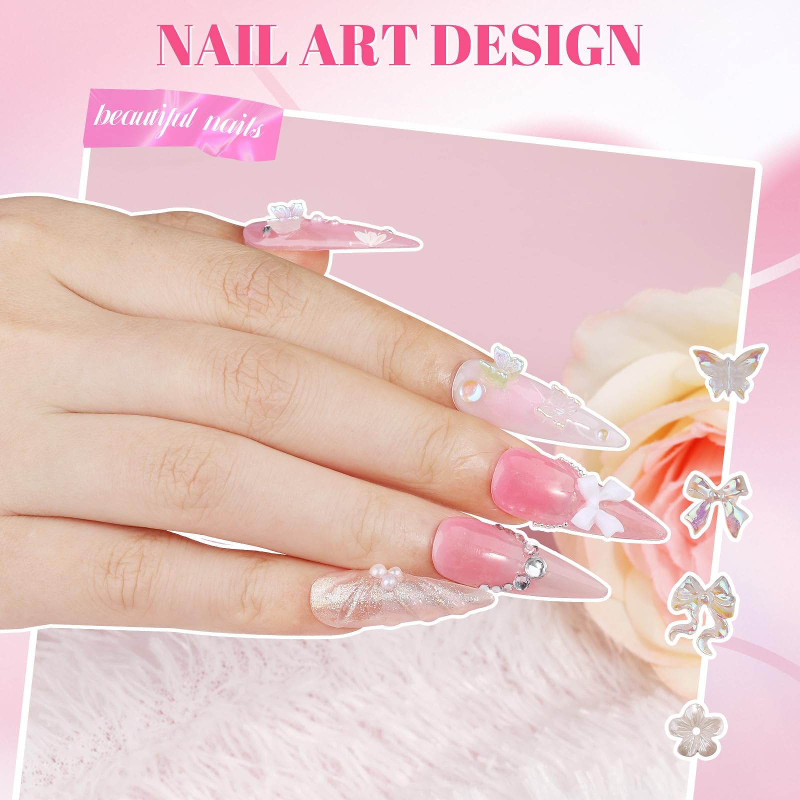 2 Boxes Assorted Nail Charms and Gems, White Flower Nail Charms Aurora Bow Me…
