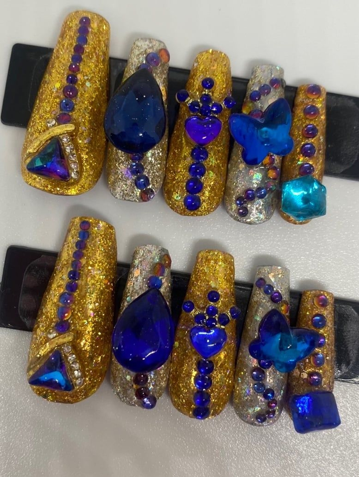 Silver and Gold Foils with Blue Jewels Handmade Press On Nail Set