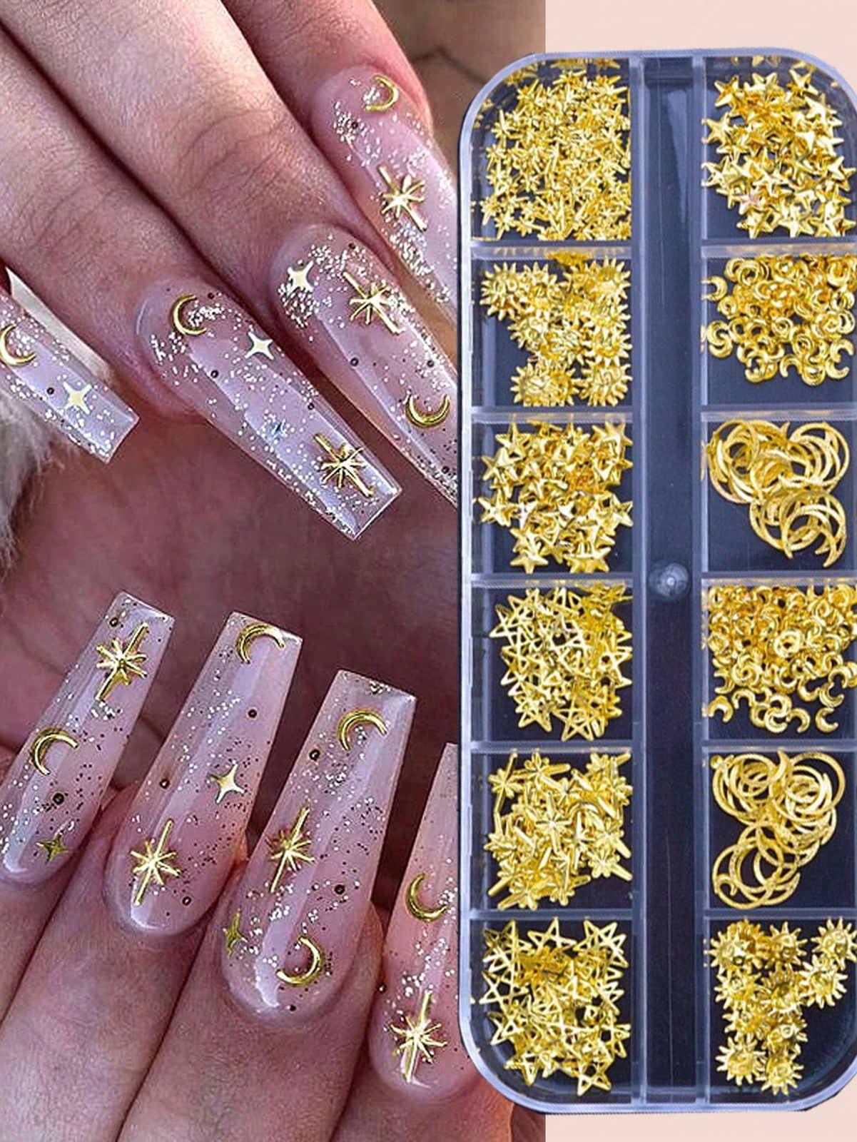 12 Grids Moon Star Nails Gold Metallic Nail Sequins Charms 3D Nail Art Tips