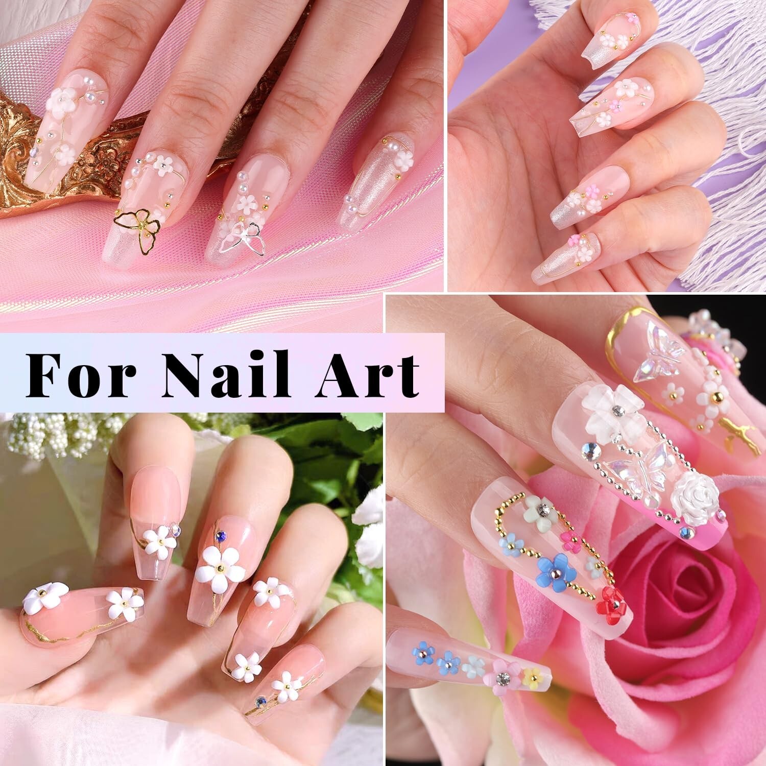 3D Nail Charms, Manicure Kit with Nail Rhinestone Glue Gel (UV Curing), Butterfl