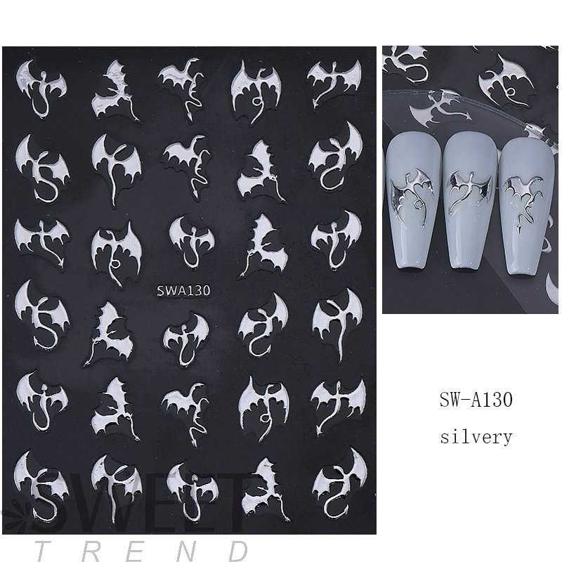 3pcs Metallic Flying Dragon Scales Nail Sticker Gold Silver Laser Devil Bat NH30