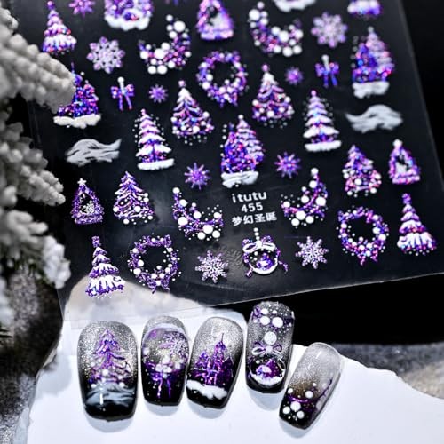 1 Sheets Purple Christmas Nail Art Stickers Embossed Xmas Snowflake Nail Wen-21