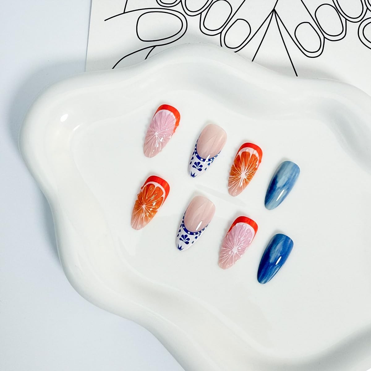 24pcs Orange Medium Almond Fake Nails Blue White French Tip Press on Nails Li…