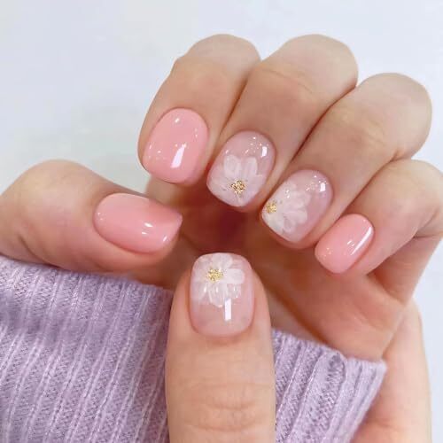 Pink Press on Nails Short Nail Press on Nails for Girls Cute 231110 white&pink