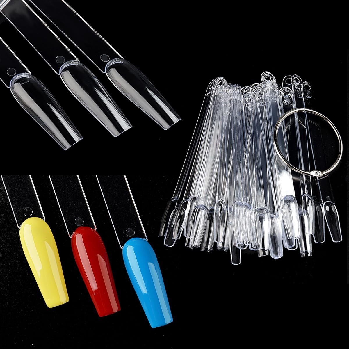 Nail Color Swatch Sticks with Ring, 150Pcs Ballerina Square Stiletto Clear Nail