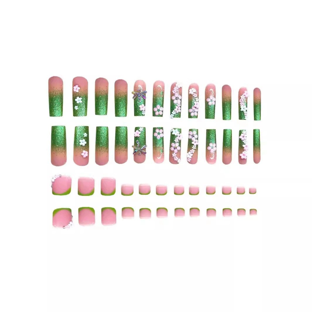 48Pcs Green Gradient Removable Press On Nails With Dragonfly Flower Toe
