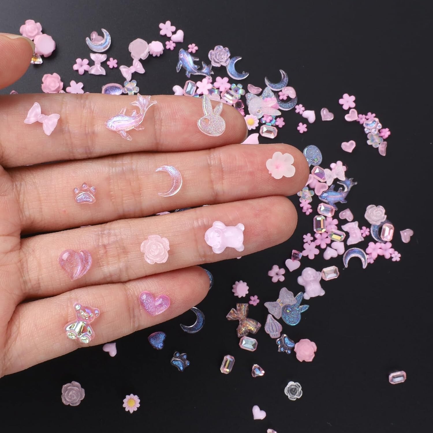 100 PCS 3D Nail Charms Butterfly Bow Star Heart Bear Shiny Jewels Y2K with 3D Fl