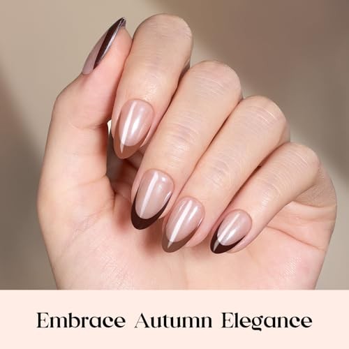 Beetles French Tip Press On Nails – Cocoa Mousse 1-S Almond-Cocoa Mousse French
