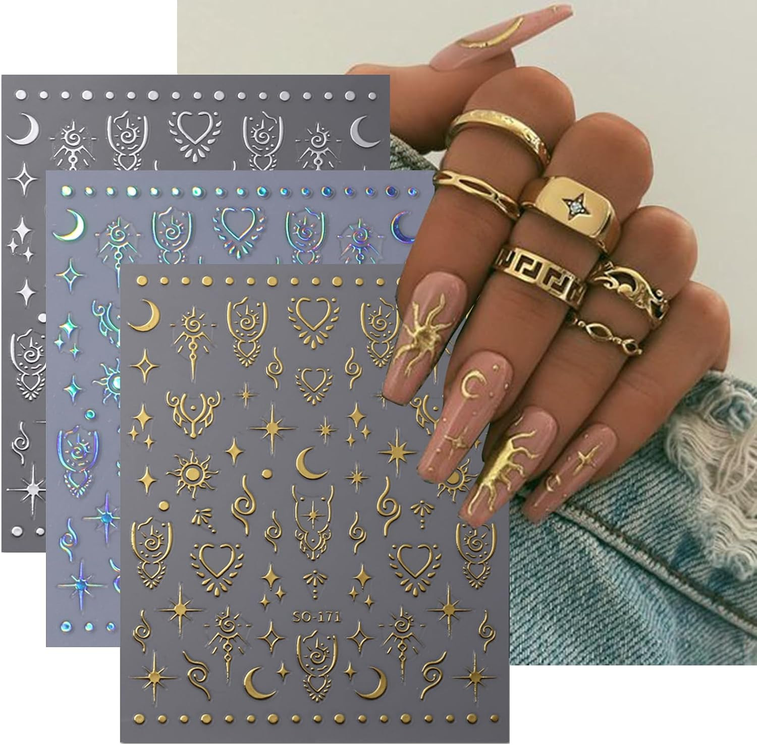 Moon Star Nail Stickers, 3D Self-Adhesive Art Decals Stars Sun Design Stickers L