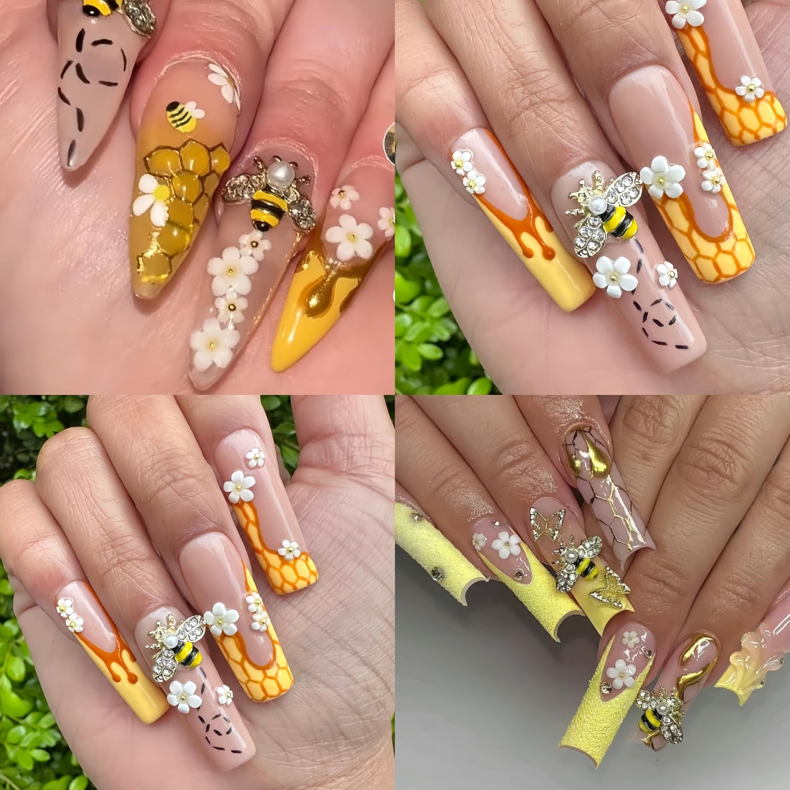 12 Grids Tiny Bee Nail Art Charms Cute Cartoon Bee Acrylic Sunflower Daisy Fl…