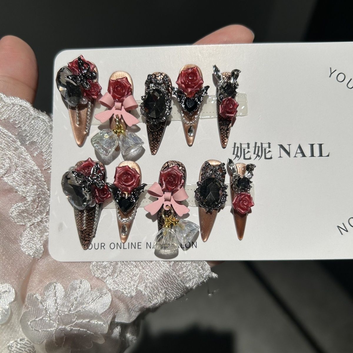 Gothic Cat Eye Rose Press On Nails Dark Handmade Detachable Design