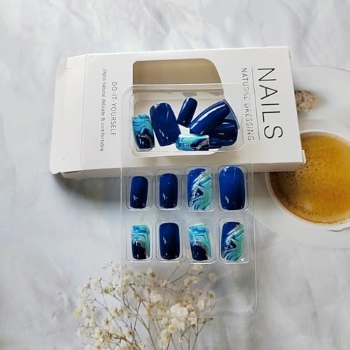 Dark Blue Press on Nails Short Square QUNQINLI Summer Fake Nails Design J4