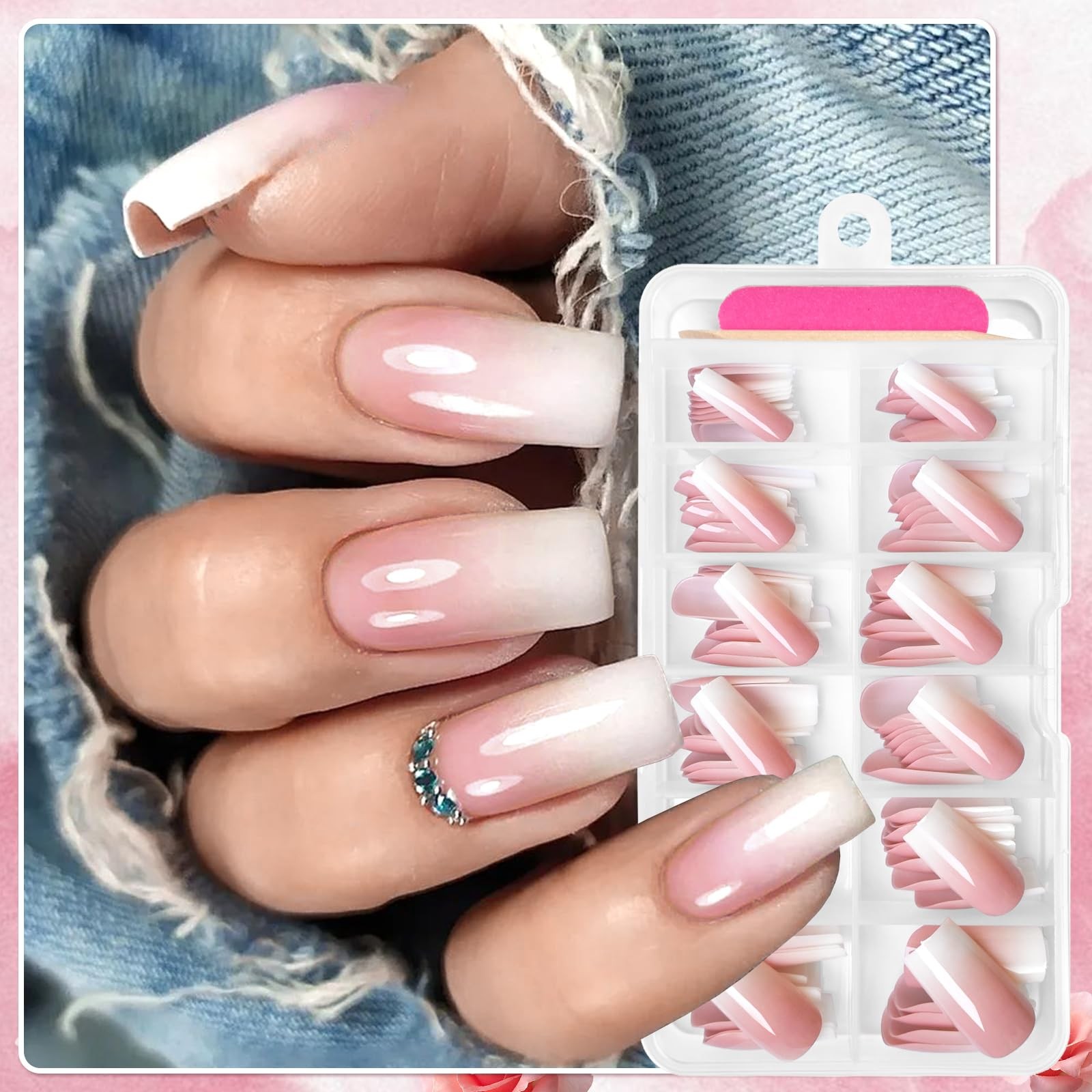 AddFavor 120pcs Ombre Press on Nails Long Square – Long, Ombre-Pink white