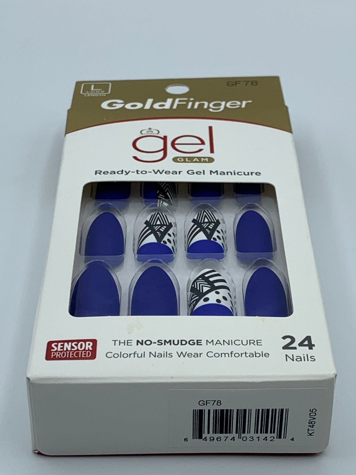 GoldFinger Glue-On Long Gel Nails Matte Royal Blue & Abstract Deco Design GF78