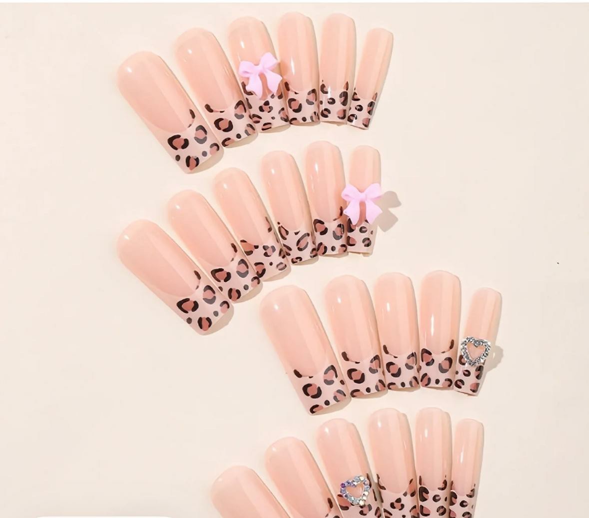 Long Square Shiny Leopard Print Press-On Nails Full Cover Pre-Designed Pink