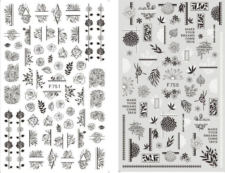 3D Adhesive Nail Stickers Decals Letters Geometric Abstract Leaves Flowers NS3