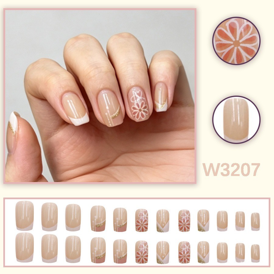 48Pcs-Medium Square Nude White French Flower Gold Tiny Rhinestone Press on Nails