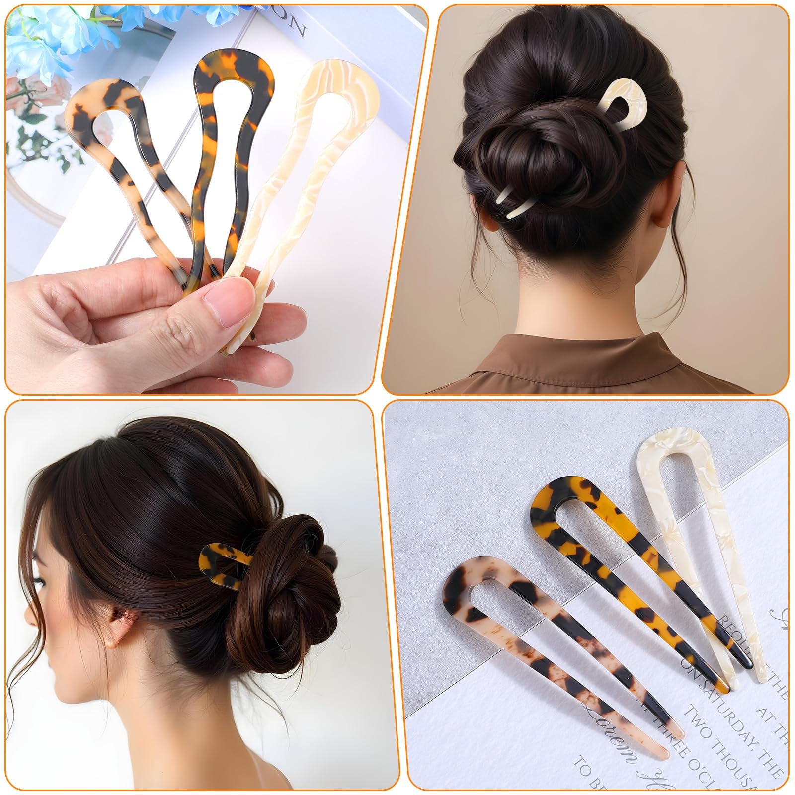 6 Pcs French Hair Pin Tortoise 4.52× 1.22 Inch, yellow, beige, tortoise shell