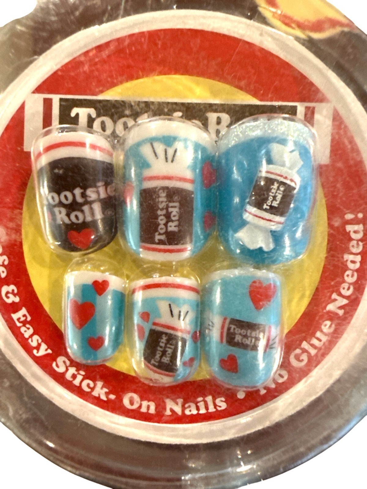 POP GRRL Nail Charms 10 Press-On Nails Blue+Brown+White TOOTSIE ROLL Candy Heart