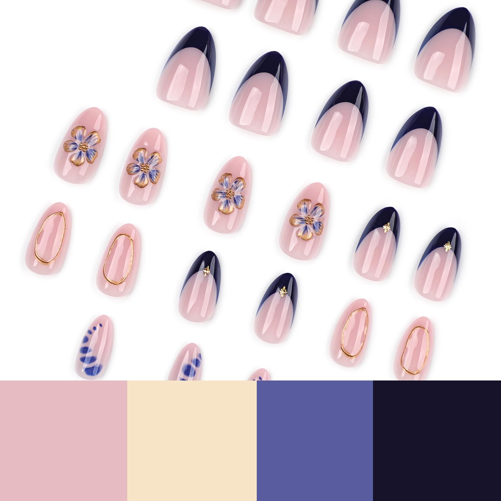 24Pcs Summer Flower Press on Nails Medium Almond Fake Nails with 3D Flower Be…