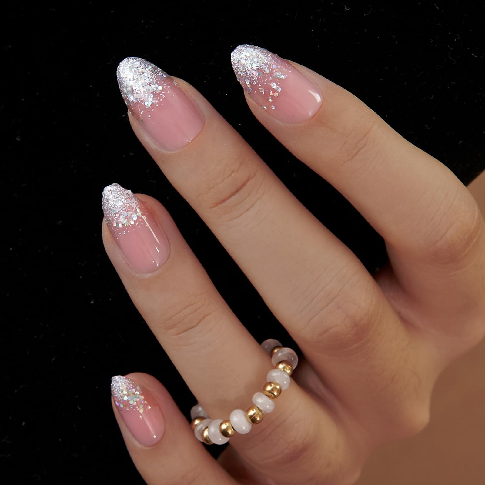 Press On Nails Medium Almond Apricot – 30pcs Handmade Glitter Press on Nails …