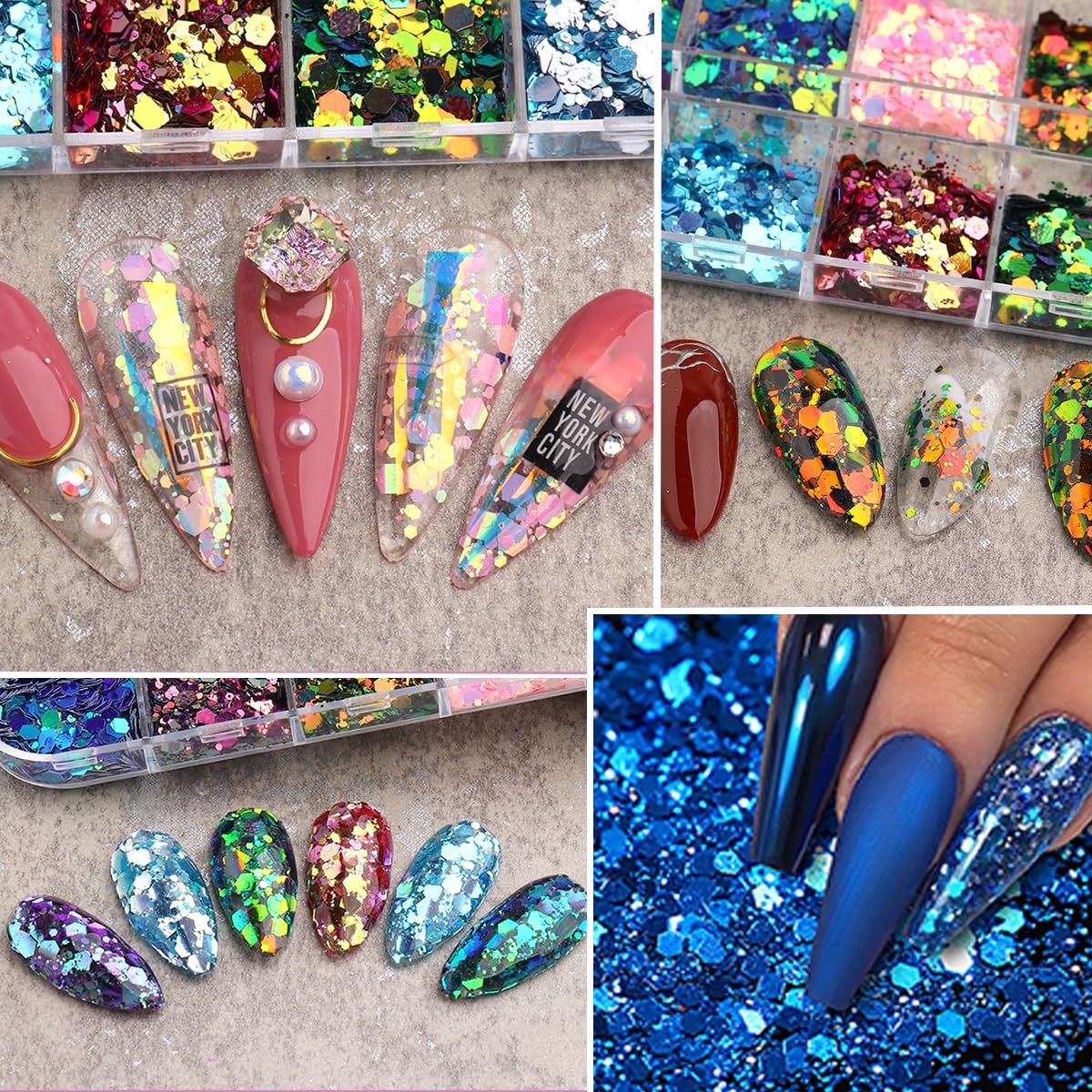 12 Grids Chameleon Nail Art Sequins Hexagon Nail Glitter Holographic Process …