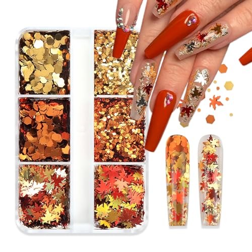 6 Grids Fall Nail Art Glitter Sequins 3D Holographic Gold Orange Maple Leaf