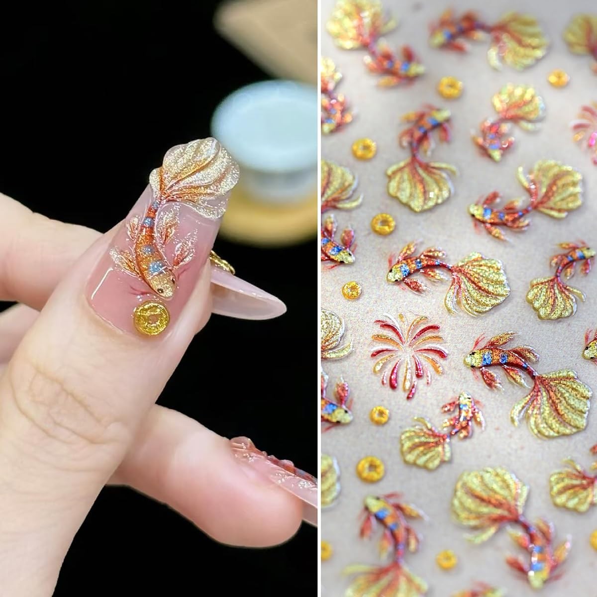 1 Goldfish Nail Art Stickers 5D Embossed Glitter Koi Fish Nail Decals -Adhesi…