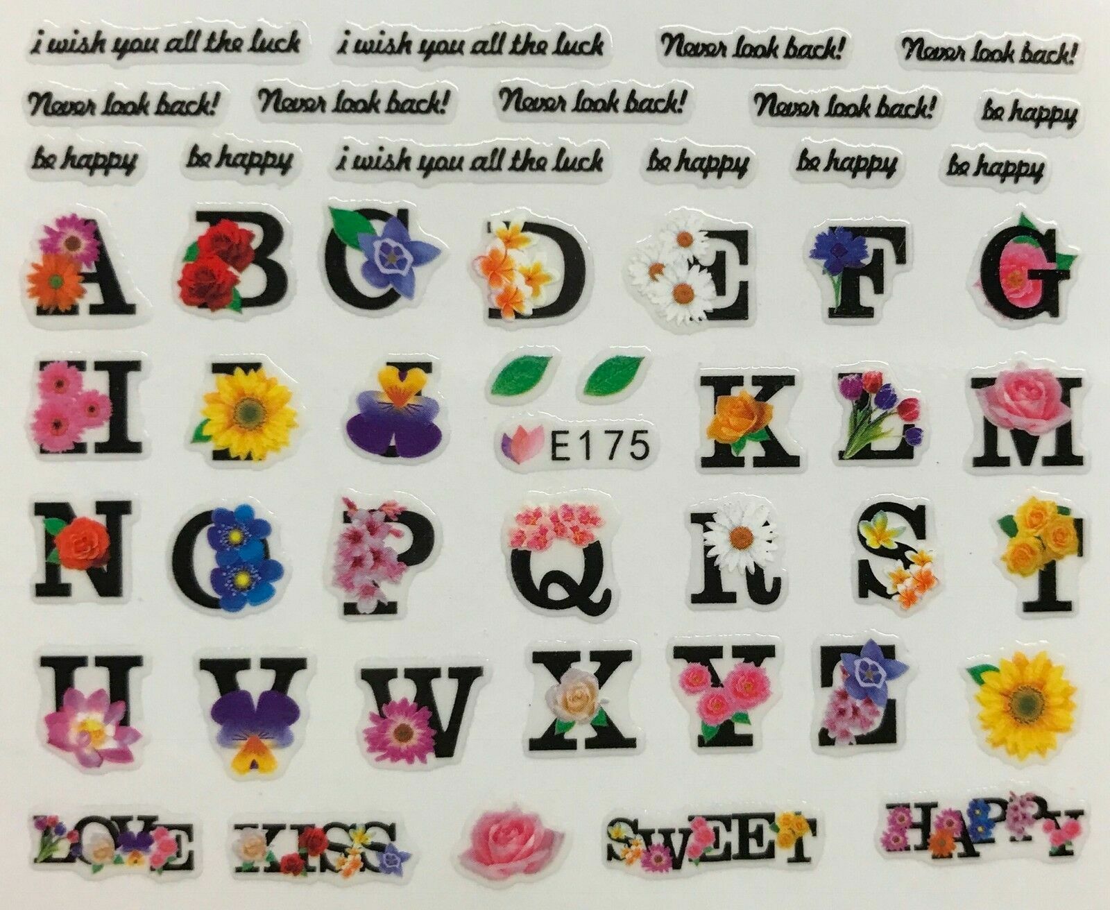 Nail Art 3D Decal Stickers Letters with Flowers Love Kiss Sweet Happy E175