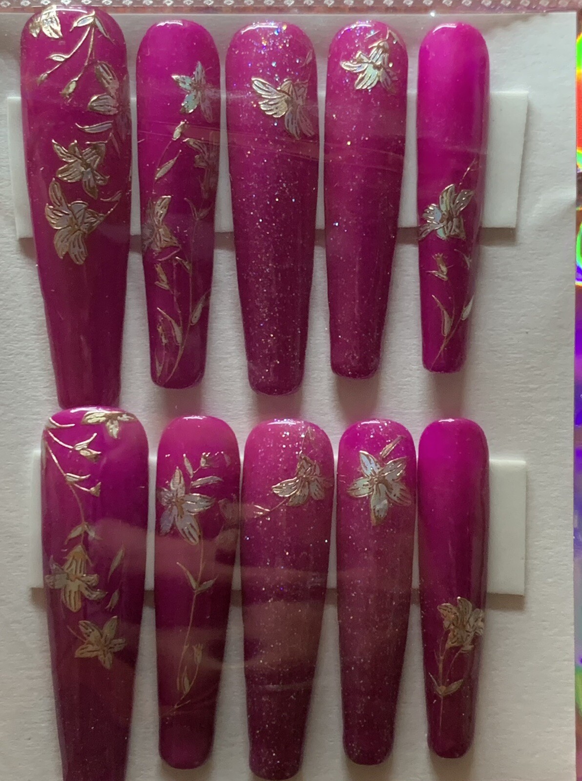 XXL Custom Hand Made Coffin Press On Nails Size Large 0,4,3,5,7 Purple Floral