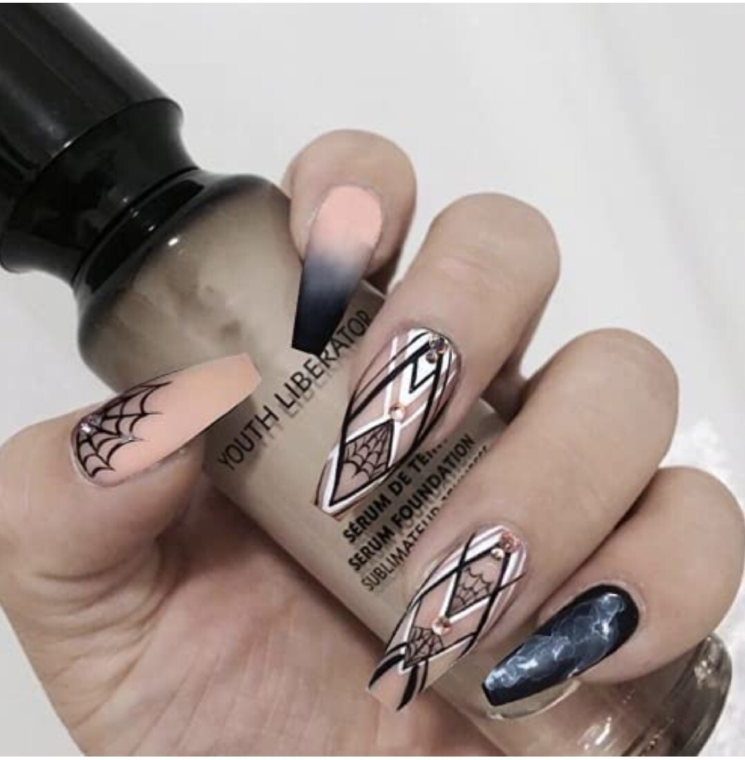 24 Witchy matte nude black press on nails kit glue spiderweb goth halloween edgy