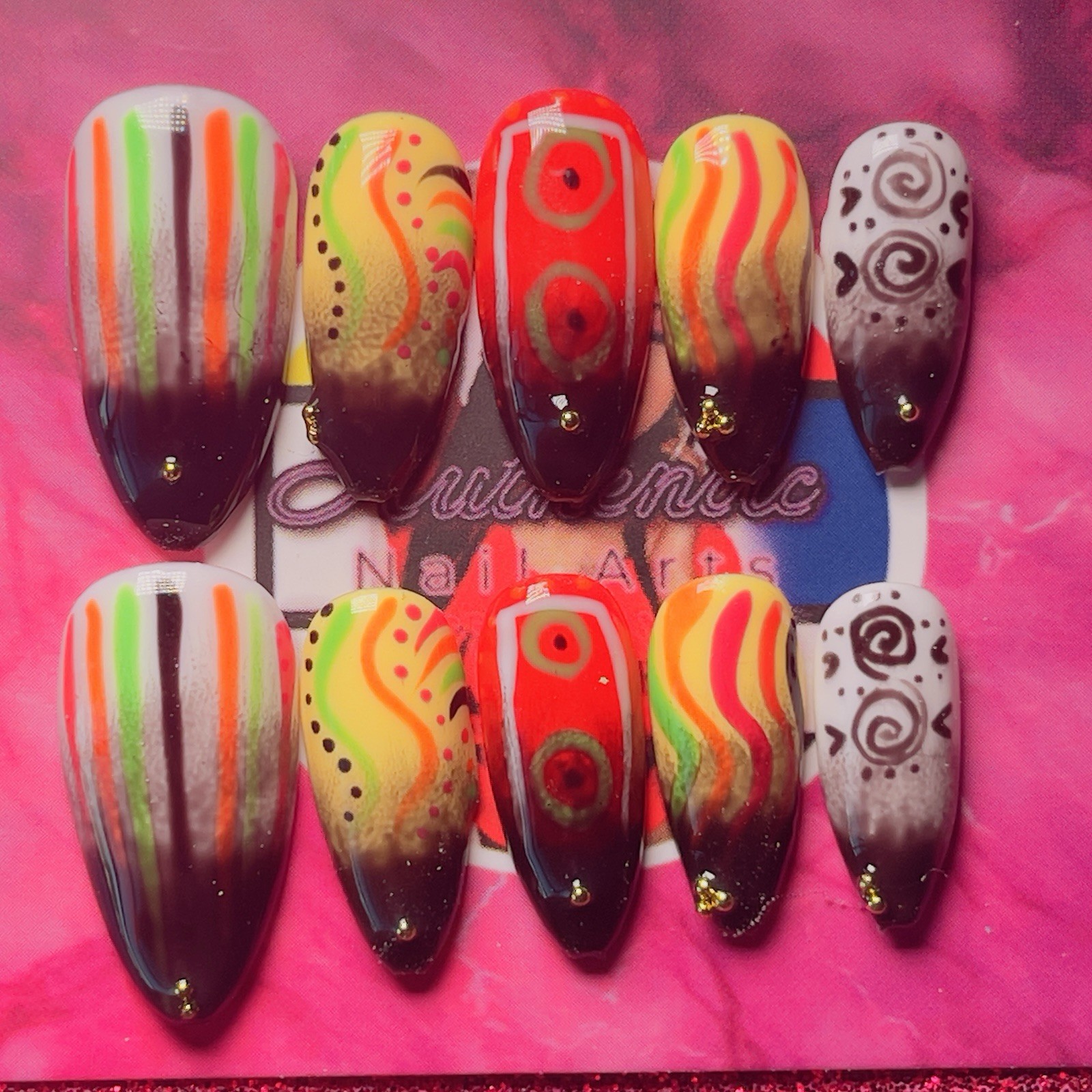 Authentic Nail Arts by Dia Long Almond Press-On Nails Abstract Shiny Full