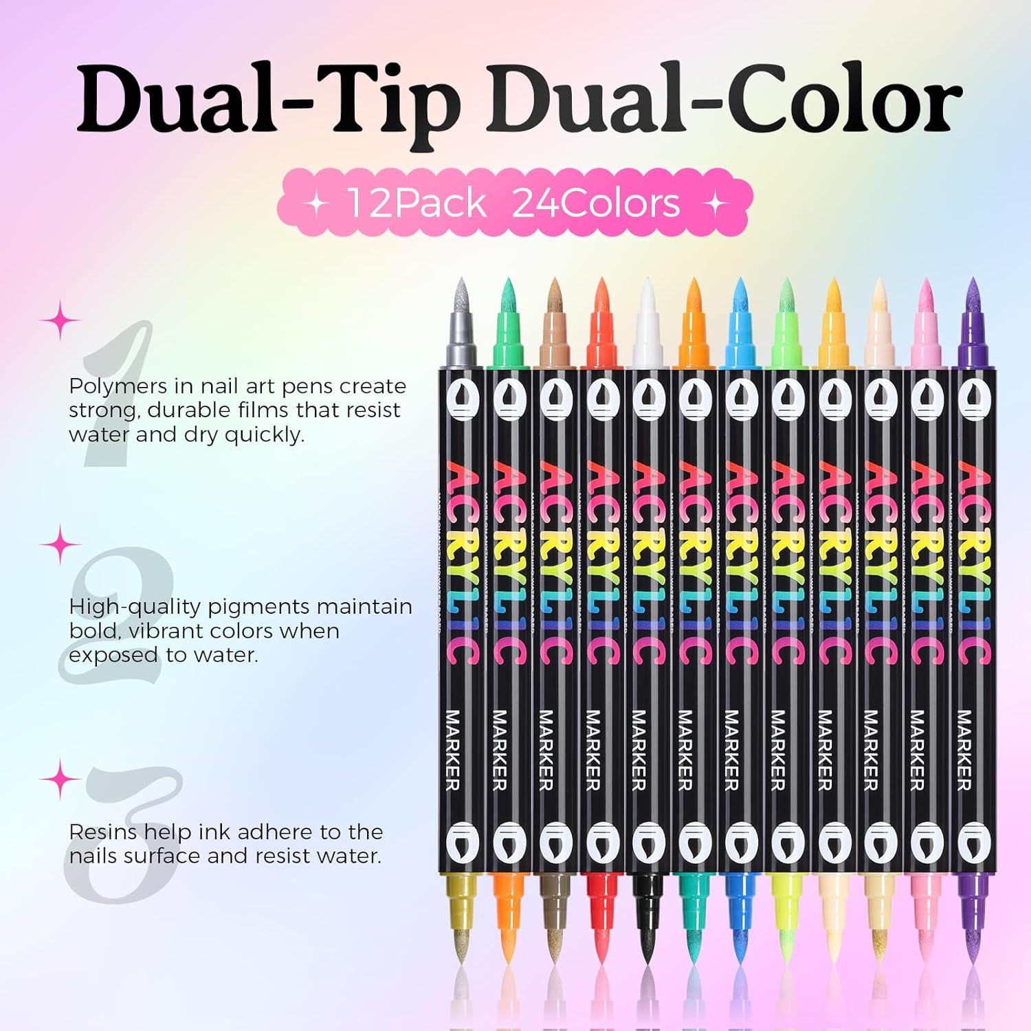 24-Color Nail Art Pens Set, Dual-Tip Quick Dry Non-Toxic for DIY Designs