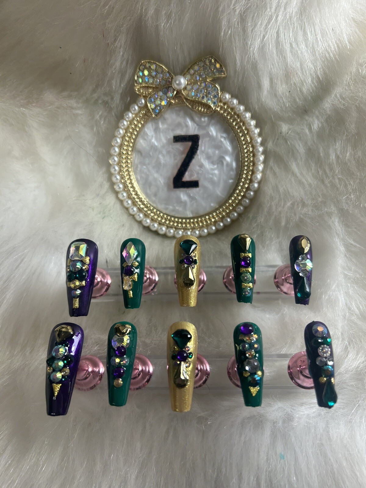 Z NAILZ! Gorgeous Set Of L Ballerina Mardi Gras Heavily Jeweled Press On Nails