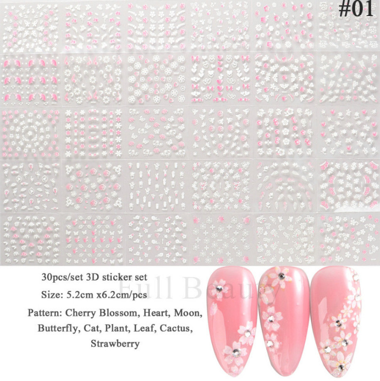 30 Sheets 3D Daisy Flower Butterfly Nail Art Stickers Charms Decoration Manicure