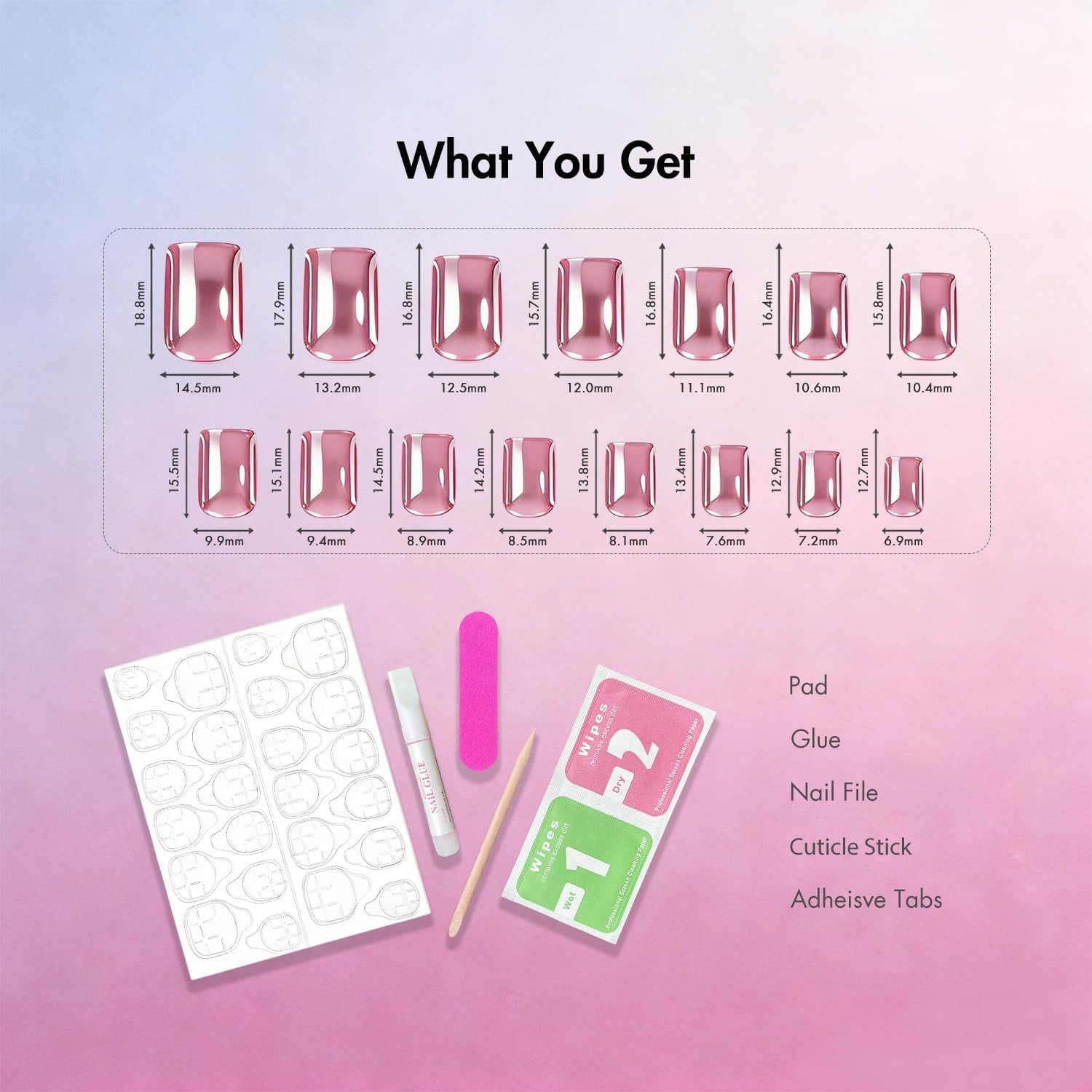 KXAMELIE Chrome Ombre Pink Press on 30 Pieces (Pack of 1), square ombre pink