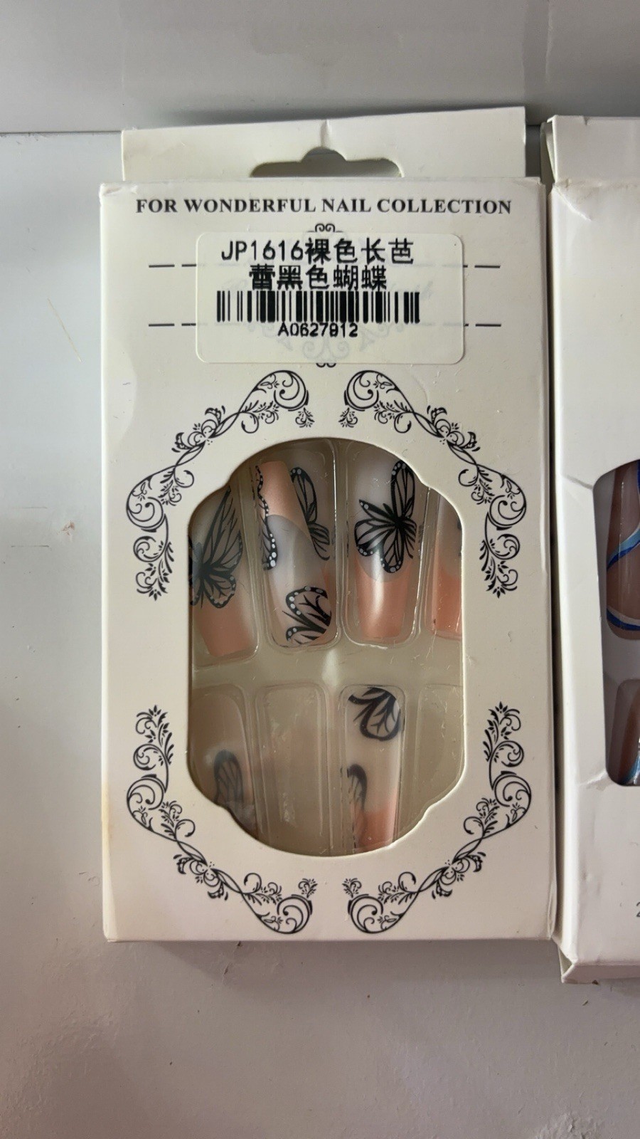 Glue On Nails Long Coffin French Butterfly Pre-Designed Full Cover JP1616