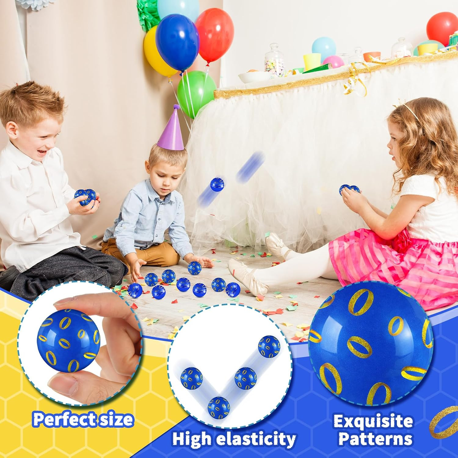 24 Pcs Blue & Gold Ring Bouncing Balls 35Mm Party Favors for Kids