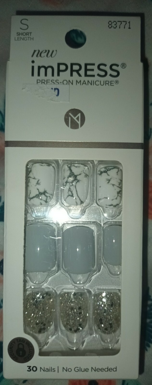 Kiss Nails Impress Press On Manicure Short Gel White Marble Gray Silver Bling