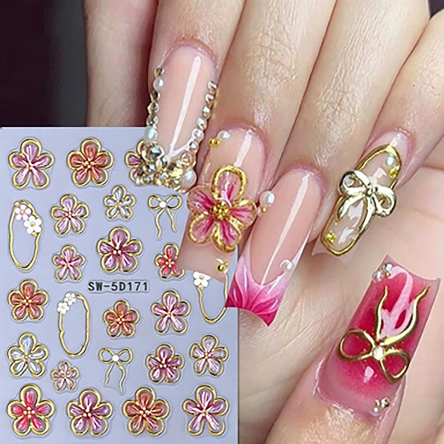 5D Embossed Gold Line Flower Nail Stickers – 2 Sheets Self-Adhesive Pink Floral