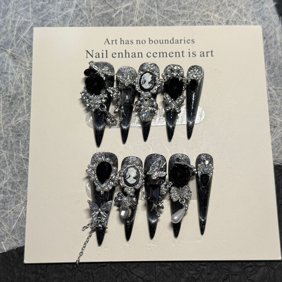 10Pcs Black Rose Cat Eye Nails Gothic Style Wedding Dinner False Nails