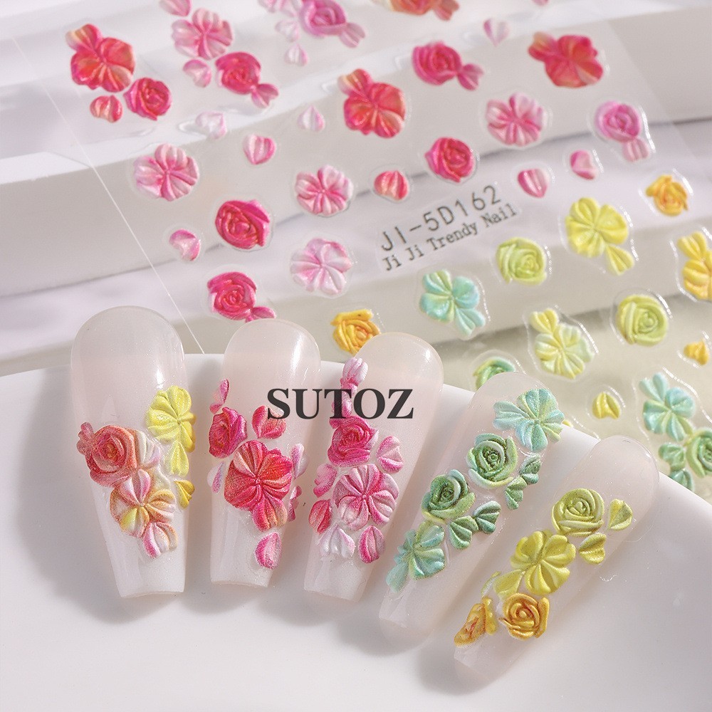 3D Gradient Flower Embossed Lily Hibiscus Floral Nail Art Stickers Decor NH29
