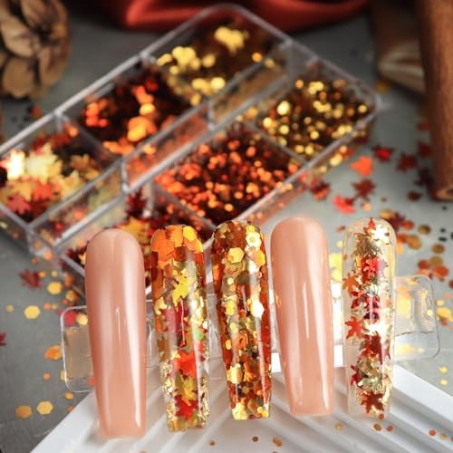 Maple Leaf Nail Glitter Sequins 3D Holographic Fall Leaves Nail Art Fall-01