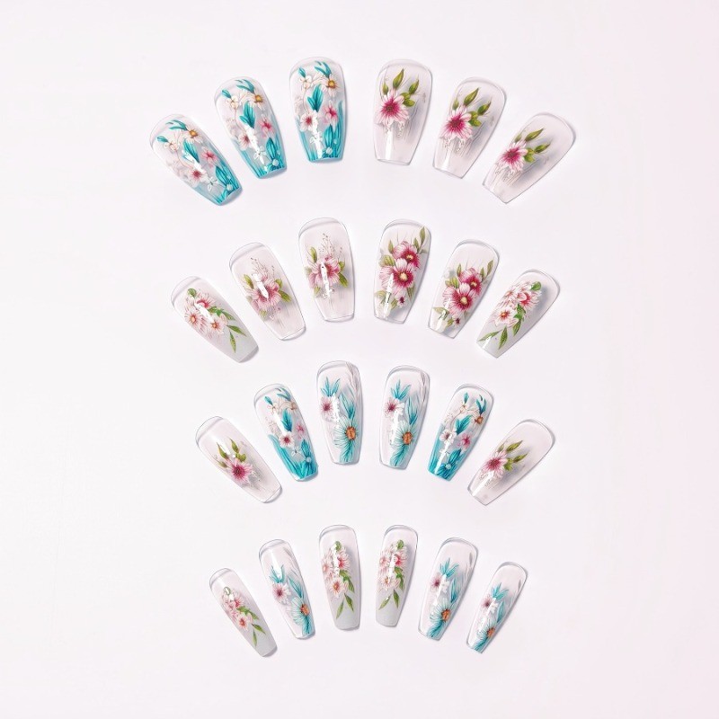 48PCS Ballet Nude Transparent Pink Blue Flower Reusable Fake Nails
