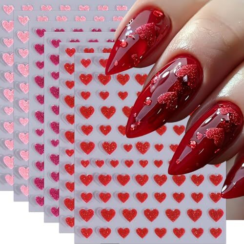 6Sheets Heart Nail Stickers Decals Shiny Love Nail Decals 3D Self shiny love