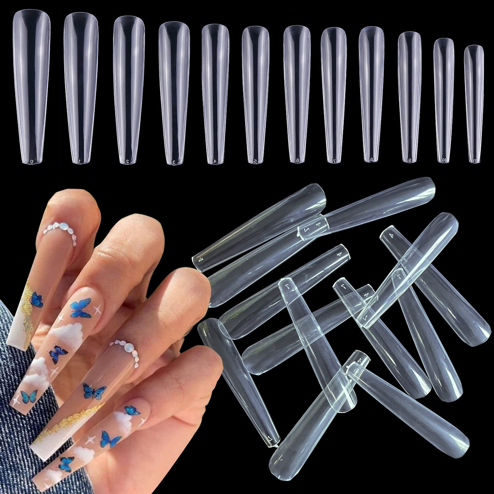 600pcs 3XL Clear Nail Tips Coffin Full Cover Ballerina Shape Extra Long Acryl…