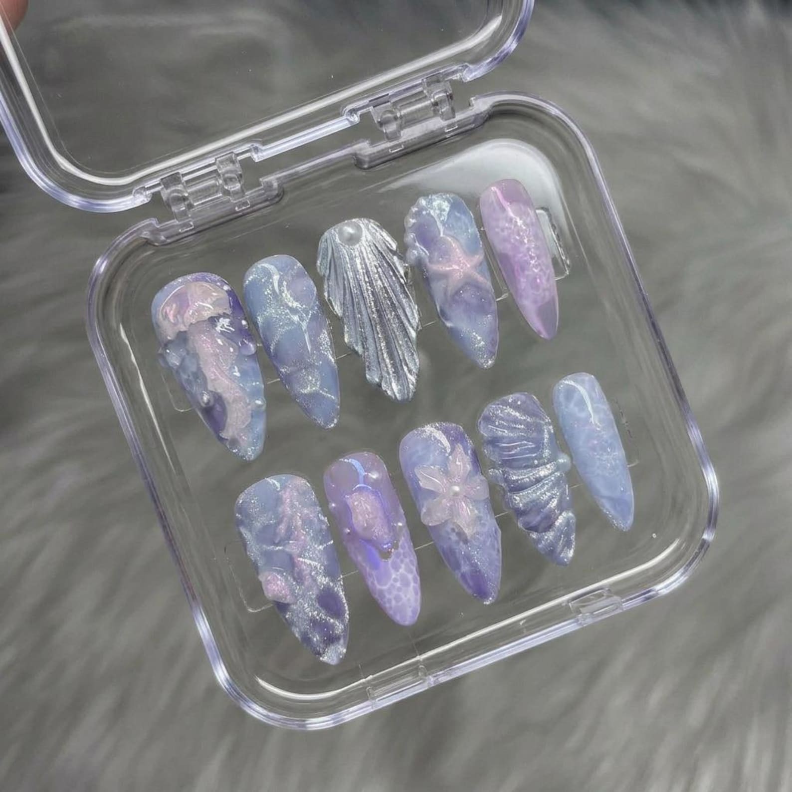 Handmade Purple Blue Mermaid Glitter Seashell Starfish Stiletto Press on Nails