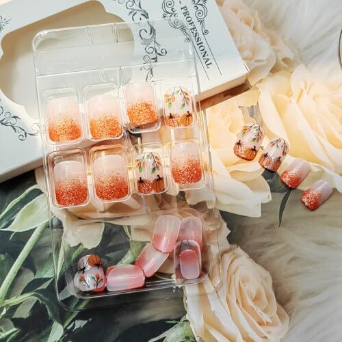 Fall Press on Nails Short Square Fake Nails Glitter Thanksgiving Nails Design-4